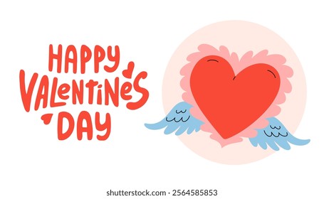 Happy Valentines day simple banner with hearts and groovy lettering. Red heart with angel wings and ruffles. Cute flying symbol Cupid. Romantic horizontal Background. Vector flat illustration.