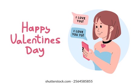 Happy Valentines day simple banner with hand lettering. Girl sends message I love you. Declaration of love by phone. Teenage modern relationships. Romantic background. Vector flat illustration.