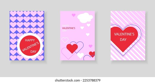 Happy Valentine's Day. Simple flat set of templates with hearts. Trendy backgrounds design for covers, greetings, holidays, posters, cards, sales, promotions. Vector.