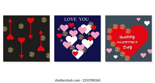 Happy Valentine's Day. Simple flat set of templates with hearts. Trendy backgrounds design for covers, greetings, holidays, posters, cards, sales, promotions. Vector.