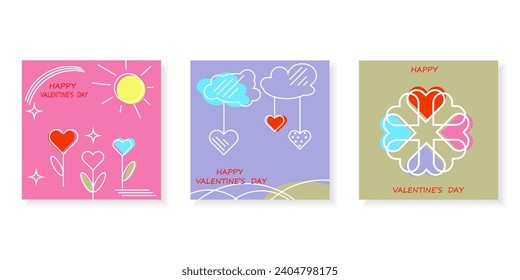 Alles Gute zum Valentinstag! Einfache, flache Reihe von Vorlagen mit Herzen. Trendy Hintergründe Design für Cover, Grüße, Feiertage, Poster, Karten, Verkäufe, Promotionen. Vektorgrafik.