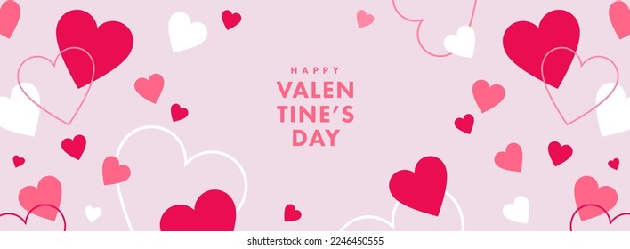 Happy Valentine's Day simple horizontal card, banner or background with heart frame and pattern in modern flat style for decor, greetings, packaging, print, web, promo, sales