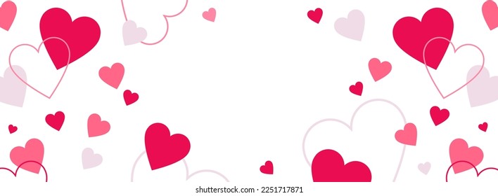 Feliz Día de San Valentín simple tarjeta horizontal, pancarta o fondo con marco cardíaco y patrón aislado en fondo blanco. Moderno estilo plano para la decoración, saludos, empaque, impresión, web, promoción, venta