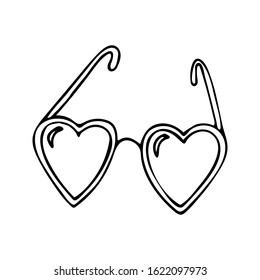 Happy Valentine's Day. Single cartoon heart shaped glasses, party accessory. Сoncept valentine. Hand drawn vector illustration in doodle style outline drawing isolated on white background.