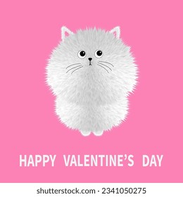 Alles Gute zum Valentinstag! Sitzen von Katzen Symbol. Weißes, flauschiges Kätzchen. Gesichtskopf Körper. Fett um Kätzchen. Cute Cartoon Charakter. Kawaii-Haustier. Grußkarte. Flaches Design. rosafarbener Hintergrund. Vektorgrafik