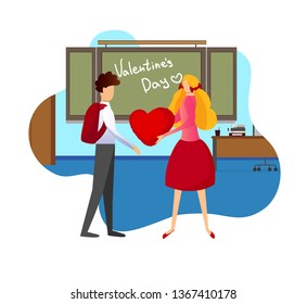 Happy Valentines Day Situation. Girl Give Red Heart to Boy Friend in Classroom in Front of Green Chalkboard. First Love in School. Relation, Friendship, Feelings Cartoon Flat Vector Illustration. Icon