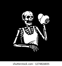 HAPPY VALENTINE'S DAY SKELETON WITH HEART WHITE BLACK BACKGROUND