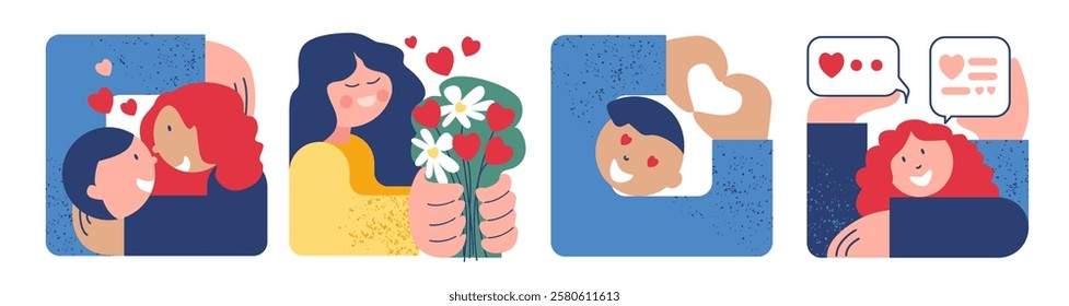 Happy Valentine's day! Sketch vector illustration for the holiday of love - February 14th. Drawings of a couple hug, people with gift, flowers and gesture love.