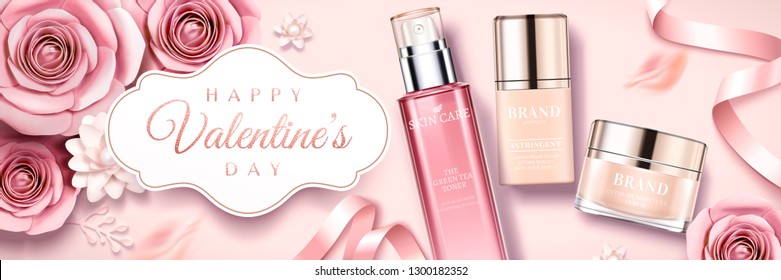 Happy Valentine's day skincare products banner with paper roses and ribbons in 3d illustration, top view