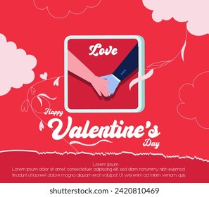 Happy Valentine's Day with a sky sale banner template poster and a couple of hands photo frame design vector illustrations.