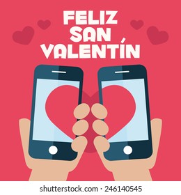 Happy Valentines Day. Smart phone couple on hand flat icon, vector illustration written in Spanish