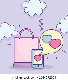 happy valentines day, smartphone love message shopping bag vector illustration