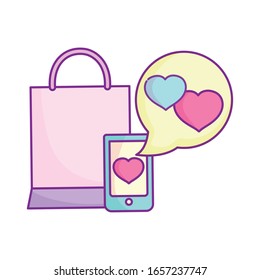 happy valentines day, smartphone love message shopping bag vector illustration