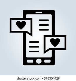 Happy Valentines Day. Smartphone with love message on the screen. technology device, letter and hearts on screen of mobile phone. Telephone with romantic symbol of love.