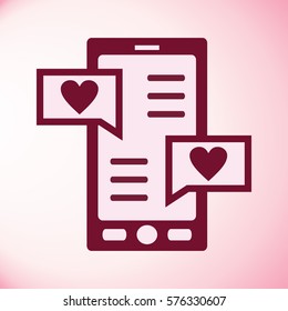 Happy Valentines Day. Smartphone with love message on the screen. technology device, letter and hearts on screen of mobile phone. Telephone with romantic symbol of love.