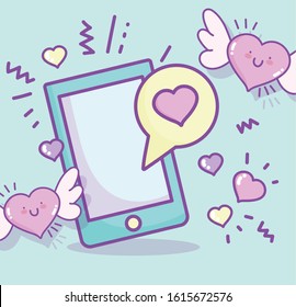 happy valentines day, smartphone message love hearts wings cartoon vector illustration