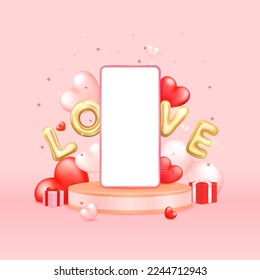 Happy Valentine's Day. Smartphone white screen on round podium with heart shaped balloons red pink and golden letters sign love and gift box. Concept sending love. Realistic design 3D. Vector EPS10.