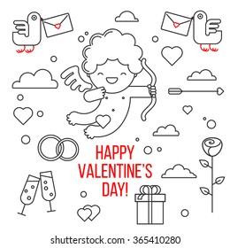 Happy Valentine's day. Smiling cute cupid. Greeting card and a set of elements for design: a bird, a cloud, heart, gift, rose, glass, wedding rings