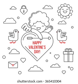 Happy Valentine's day. Smiling cute cupid. Greeting card and a set of elements for design: a bird, a cloud, heart, gift, lock, sun.