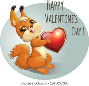 Happy Valentine's Day with smiling squirrel holding a heart. Vector illustration in cartoon style. Animal character for congratulation with wedding, birthday card, flier and poster clipart isolated