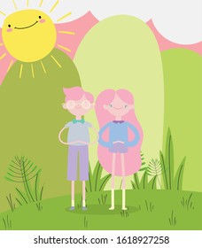 happy valentines day, smiling young couple standing grass sunny day cartoon vector illustration