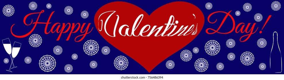 Happy Valentine's Day. It  is snowfalling. A heart, champagne and glass. Vector illustrationn