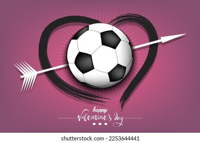 Happy Valentines Day. Soccer ball, arrow and heart. Design pattern on the football theme for greeting card, logo, emblem, banner, poster, flyer, badges. Vector illustration