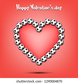Happy Valentines Day. Soccer balls laid out in the shape of the heart on isolated background. Design pattern for greeting card, banner, poster, flyer,  invitation party. Vector illustration