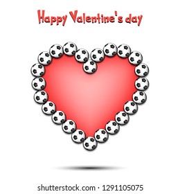 Happy Valentines Day. Soccer balls laid out in the shape of the heart on isolated background. Design pattern for greeting card, banner, poster, flyer,  invitation party. Vector illustration