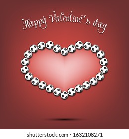 Happy Valentines Day. Soccer balls located in the form of a heart on an isolated background. Design pattern for greeting card, banner, poster, flyer,  invitation party. Vector illustration