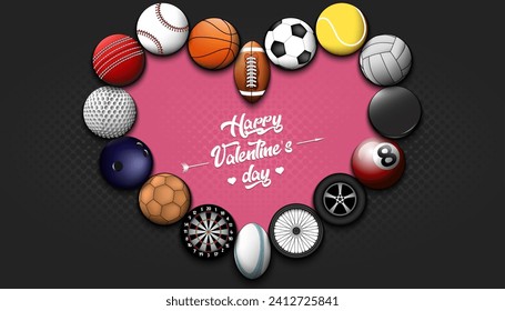 Feliz Día de San Valentín. Fútbol, baloncesto, tenis, béisbol, voleibol, golf, boliche, billar, cricket, rugby, balones de fútbol en forma de corazón. Ilustración del vector