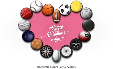 Feliz Día de San Valentín. Fútbol, baloncesto, tenis, béisbol, voleibol, golf, boliche, billar, cricket, rugby, balones de fútbol en forma de corazón. Ilustración del vector