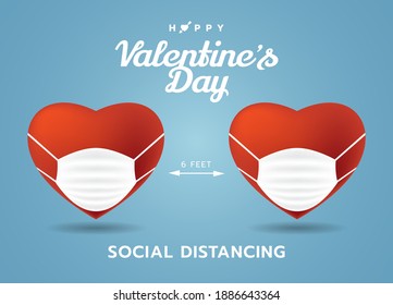 Happy Valentine's Day in social distancing concept. Two red heart wear face mask keep distance to avoid covid-19 spread. Valentine’s Day Corona virus.Vector Illustrator