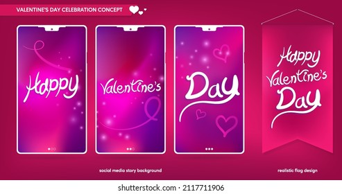 
Happy valentines day social media template background design and realistic flag illustration. 14 february valentine's day abstract visual design.