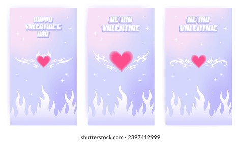 Happy Valentine's Day social media stories template set in y2k style. Trendy aesthetic soft color vector illustrations with tatoo aura hearts, abstract shapes, flame, stars, gradient.