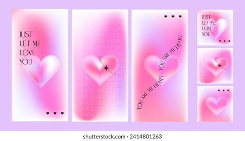 Happy Valentine's Day social media stories and covers template set in y2k minimalist style. Trendy aesthetic greeting cards with aura hearts, blurry gradient and typography. Vector eps10