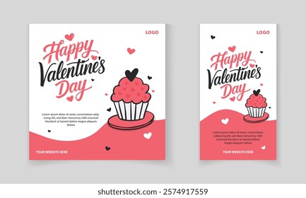 Happy Valentine's Day social media post design with heart shaped cupcake and floating heart