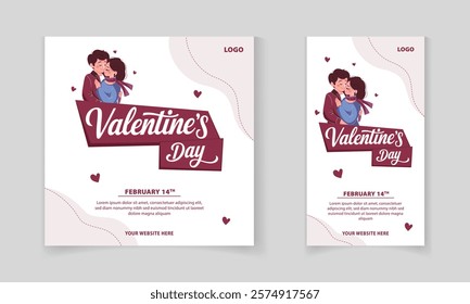 Happy Valentine's Day social media post template design with typography and cute couple illustration