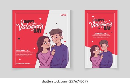 Happy Valentine's Day social media post template design with typography and cute couple vector