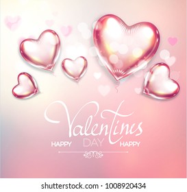 Happy Valentine's Day Soft Background with Flying Glossy and Shining Hearts, Blur Background and Bokeh Effect. Vector illustration