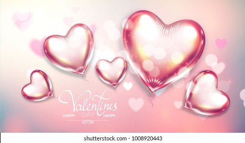 Happy Valentine's Day Soft Background with Flying Glossy and Shining Hearts, Blur Background and Bokeh Effect. Vector illustration