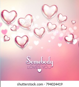 Happy Valentine's Day Soft Background with Flying Glossy and Shining Heart Balloons, Blur Background and Bokeh Effect. Vector illustration