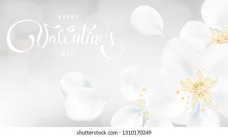 Happy Valentine's day soft pastel color background with spring flowers top view. Apple tree blossom petals and lettering illustration