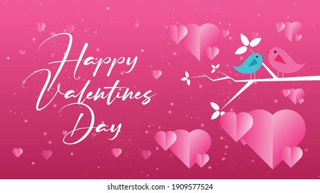 Happy valentines day Soft pink background with two cute bird sitting on Tree branch, pink background