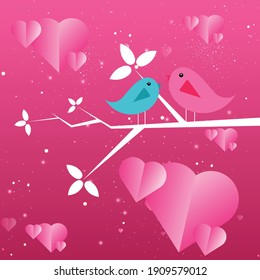 Happy valentines day Soft pink background with two cute bird sitting on Tree branch, pink background