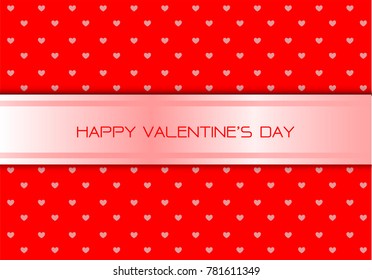 Happy Valentine's day soft pink ribbon banner on red and hearts pattern design for holiday love festival celebration background vector illustration.