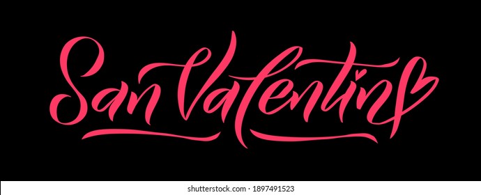 Feliz Día de San Valentín. Fondo blanco de la tarjeta de felicitación española con letras negras y rojas. Calligrafía dibujada a mano. Afiche encantador. Traducción:  Día de San Valentín