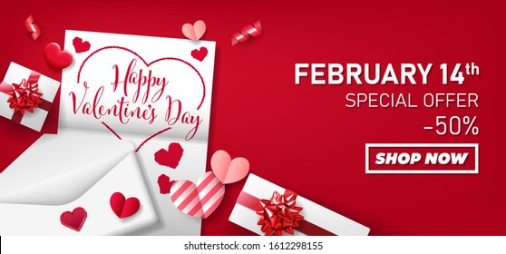 Happy Valentine's Day - Special! Calligraphy text on a sheet with sweet lovely hearts, gifts on red background. Poster, banner, discount, invitation card, e.t.c. Vector Illustration. EPS 10.