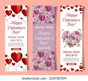 Happy Valentines day special offer banner set. Vector paper cut love banners with red and pink hearts roses. Sale and discounts concept.