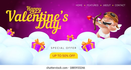 Happy Valentine's day special offer landing page template or advertising sale banner. Vector illustration of smiling and aiming cupid angel with a bow and a heart shaped arrow on cloudy background